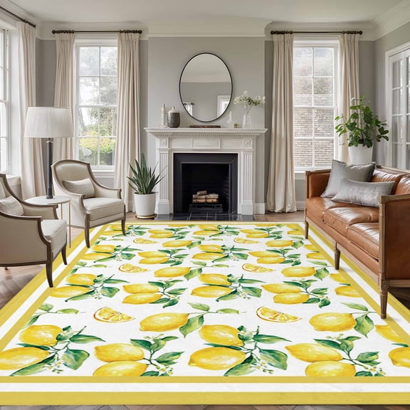 5x7 Area Rugs for Living Room, Yellow Lemon Non Slip Area Rugs for Kitchen Bedroom Entryway, Summer Watercolor Oil Painting Fruits Washable Carpet Runner Rug Floor Mats for Bedroom Home Decor