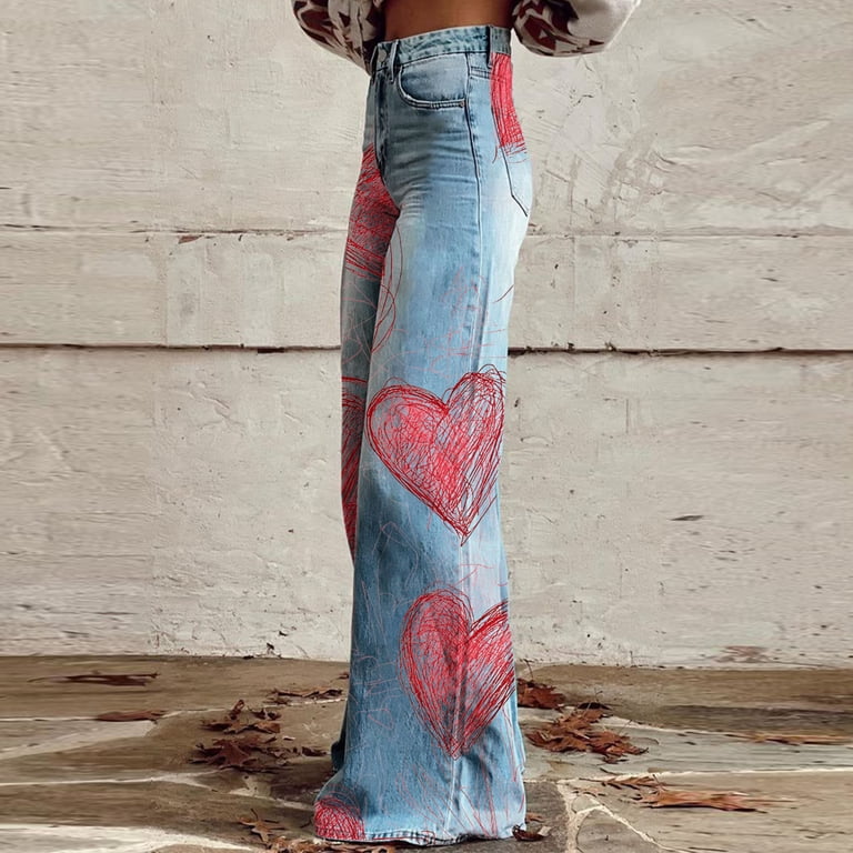 Pxkloy Heart Print Denim Jeans for Women Plus Size Vintage Wide