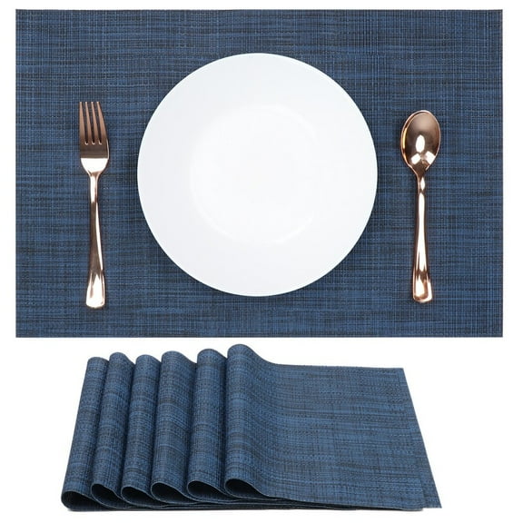 6PCS Linen Placemats, Navy Blue Table Mats, Heat-resistant and Non-slip Placemats, Thickened Kitchen Mats with Overcast Stitching, Machine Washable, 18" x 12"