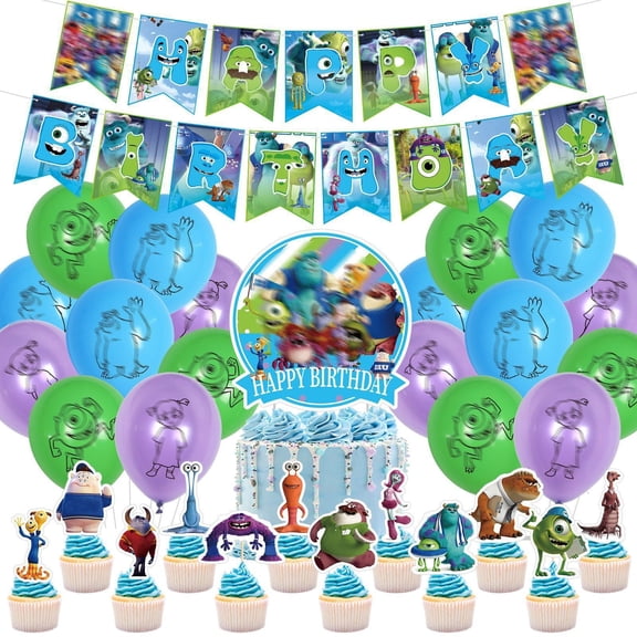 Monster U-niversity Birthday Party Decoration Set Cartoon Happy Birthday Banner Balloon Cake Cupcake Toppers for Monster U-niversity Party Supplies