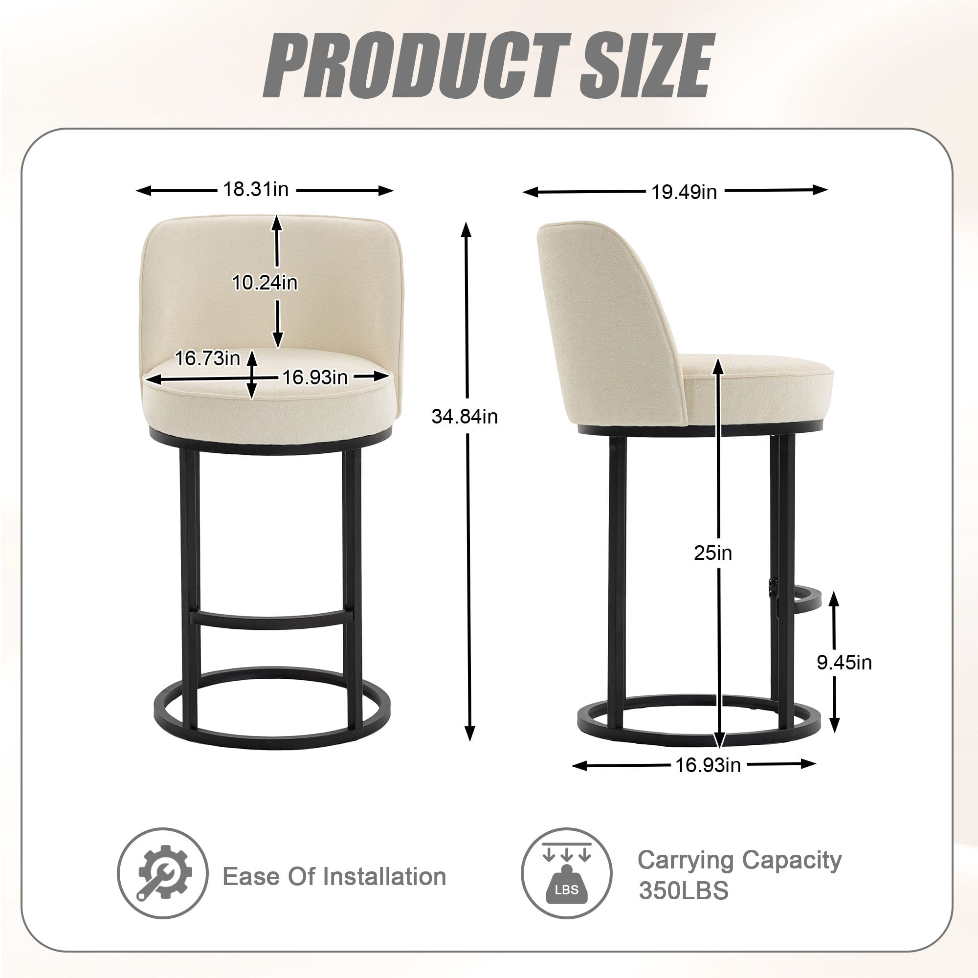 Sailvan Counter Height Bar Stools Set of 2,Modern Upholstered Linen Fabric Kitchen Island Stools with Barrel Backrest & Sturdy Metal Frame Beige