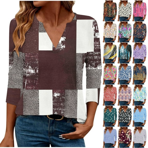 JTZGDY 3/4 Length Sleeve Womens Tops Casual V Neck Fall Shirts Loose Fit Dressy Pullover Blouse Trendy Oversized Basic Tunics for Leggings Blue#02 S