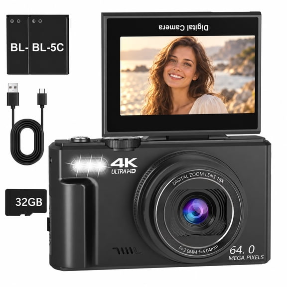XLURC 4K Digital Camera Wifi 64MP Vlogging Camera for Youtube 3" 180° Flip Screen, 18X Digital Zoom with 32GB SD Card & 2 Batteries