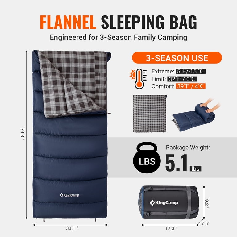 KingCamp Oversized Flannel Sleeping Bag, Waterproof, 5F-39F photo 3