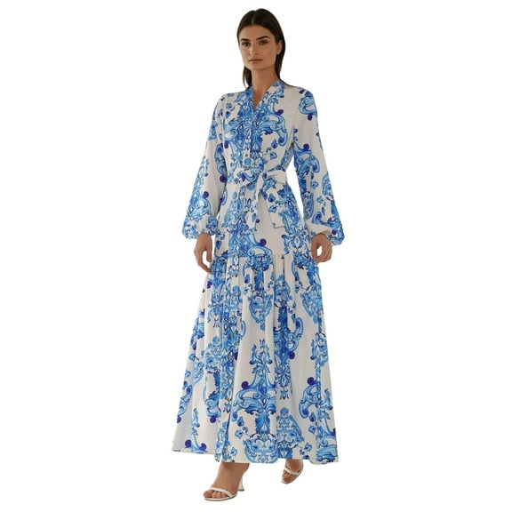 Printed Long Sleeve Maxi Dress with Belt