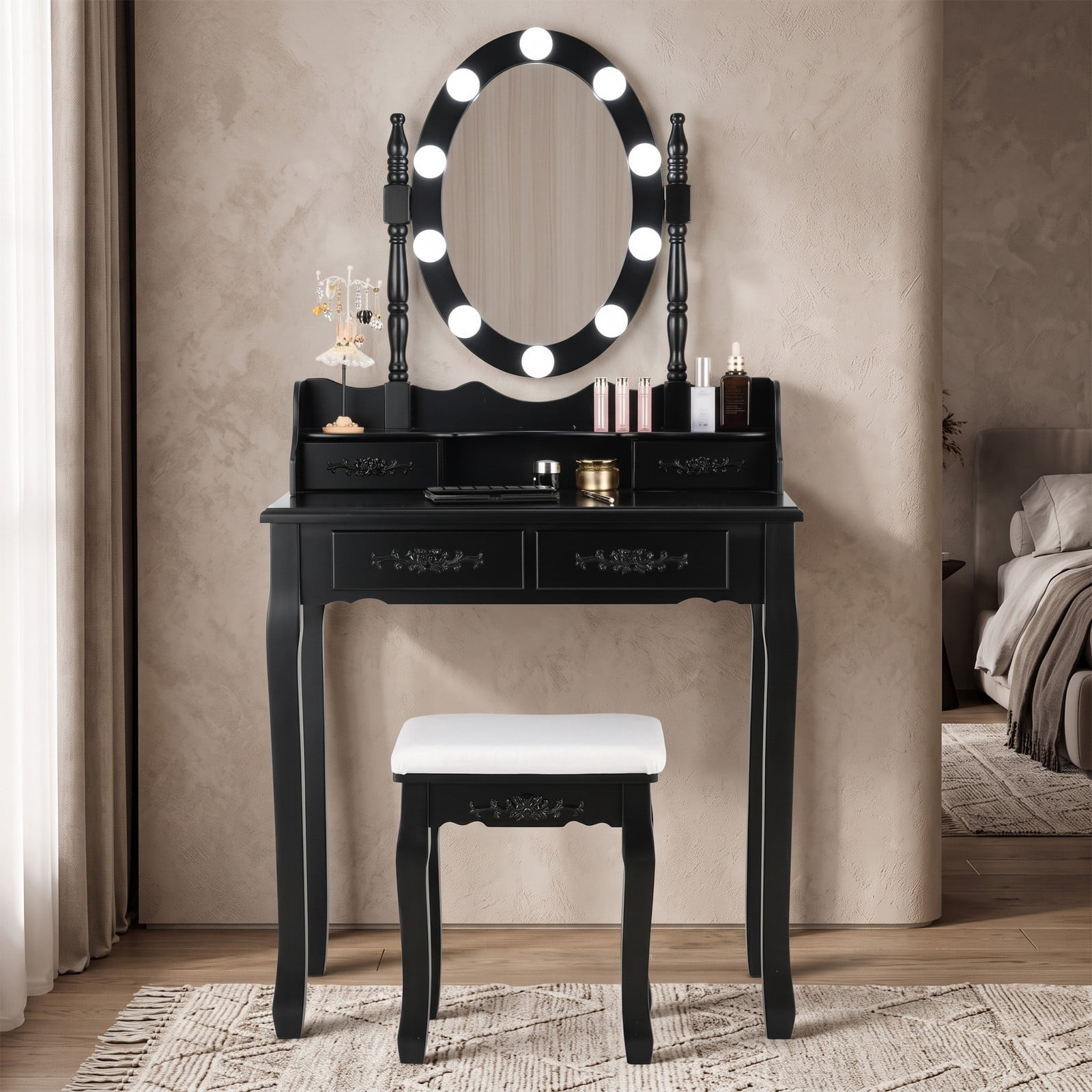 Furnibear Makeup Dressing Table with Touch Switch Lighted Mirror and Cushioned Stool, Vanity Desk with 4 Drawers and 10 LED Bulbs, Black