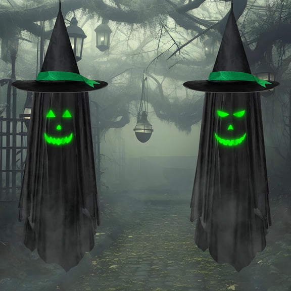 2 Pack Halloween Hanging Decorations Outdoor, Hanging Spooky Ghost with Glowing Face in the Dark, Halloween Decorations Decor Outdoor Outside for Garden, Tree, Porch, Lawn