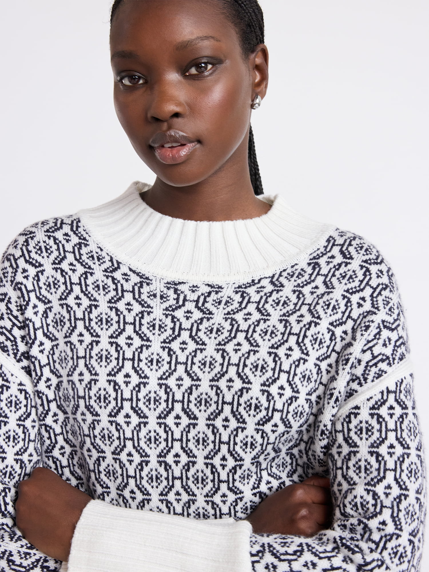 Free Assembly Women's Patterned Mock Neck Sweater with Tall Cuffs, Midweight, Sizes XS-XXL
