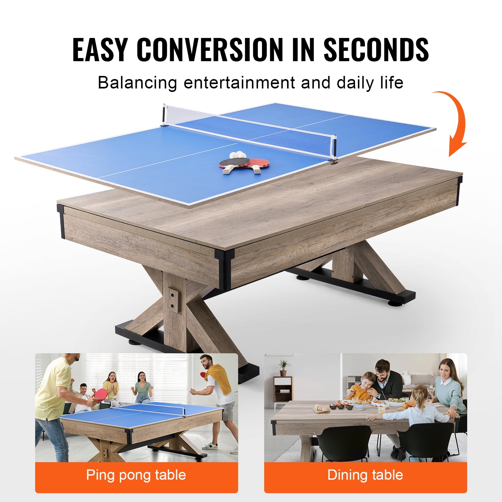 KFFKFF 3-in-1 Game Table, 7ft, Multi-Functional with Pool, Table Tennis, and Dining Options, Complete Accessory Kit Included, Wooden Design with Grey Cover, Ideal for Family Entertainment Space