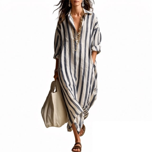 Miluxas Vertical Striped Linen Blend Summer Maxi Dress for Women Casual V Neck Long Sleeve Loose Fit Shirt Dress with Pockets Blue