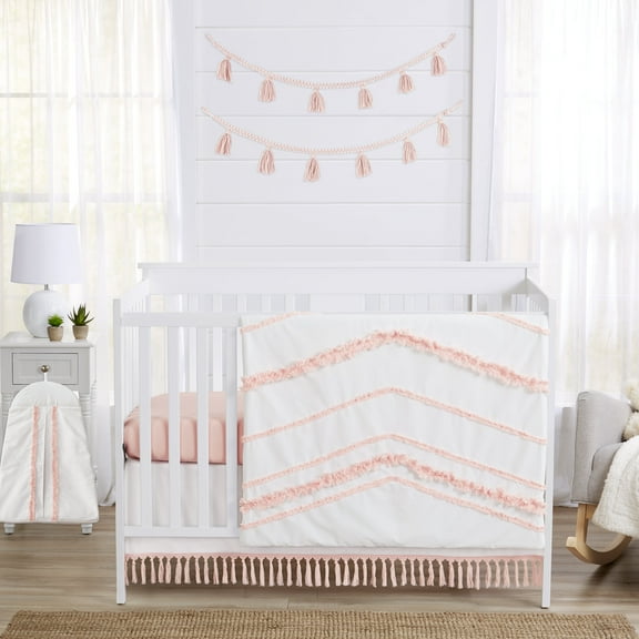 Sweet Jojo Designs Boho Fringe White and Pink 4 Piece Crib Bedding Set