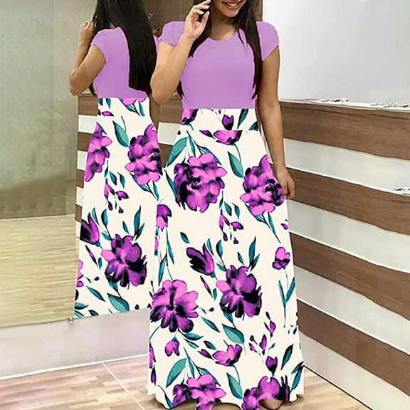 Wycnly Womens Dresses Party Prom Elegant High Waist Swing Tunic Long Dresses Fashion Floral Print Round Neck Short Sleeve Maxi Summer Dress Purple XL