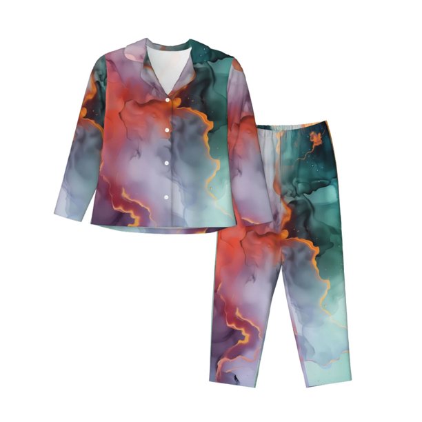 Fotbe Colorful Abstract Waves Conjunto de Pijama de Manga Larga para Mujer con Estampado, Ropa de Dormir de 2 Piezas, Conjunto de Casa Suave y Cómodo con Bolsillos-Small