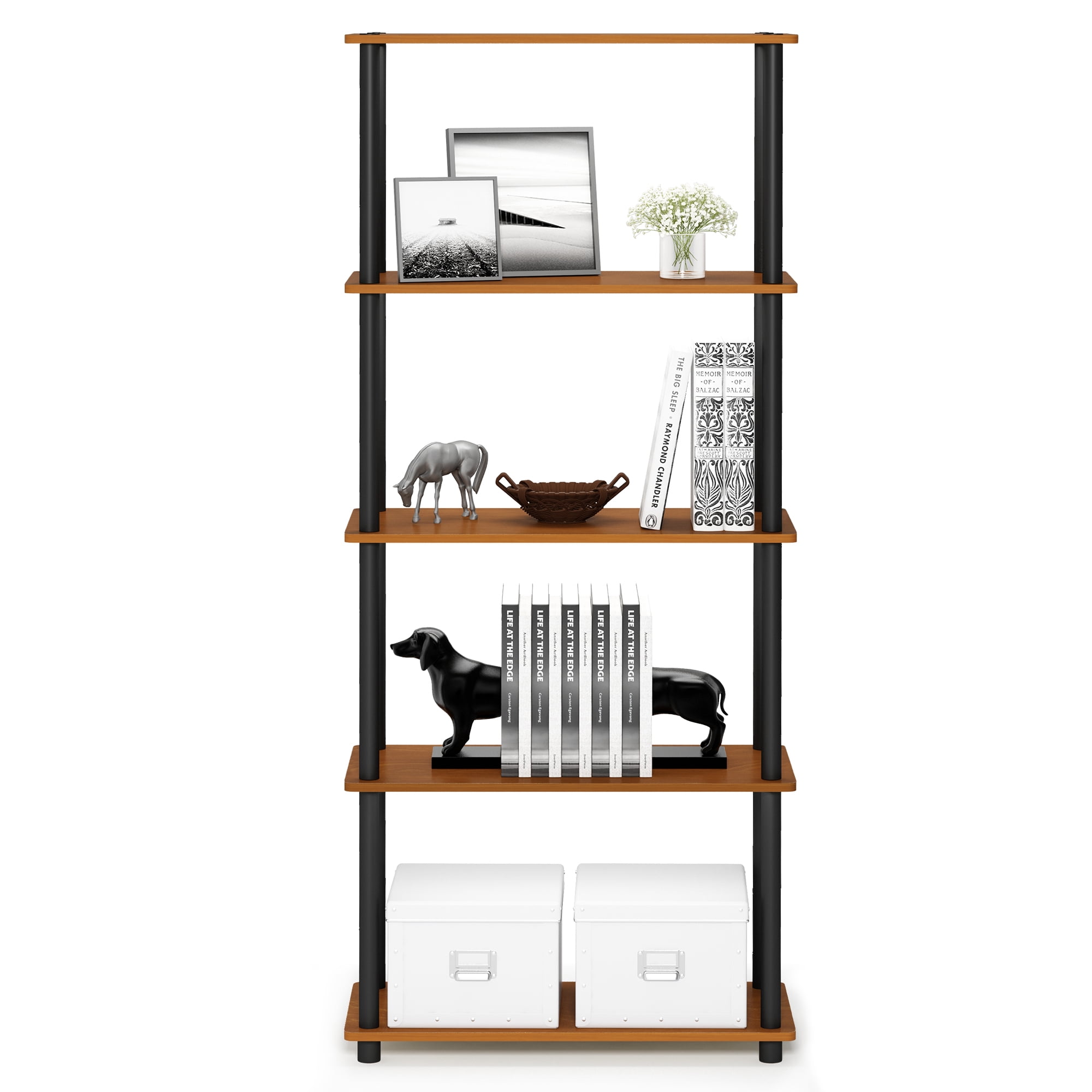 Furinno Rata 5-Tier Industrial Multipurpose Flat Base Shelf Display Rack with Metal Frame, Narrow, Americano
