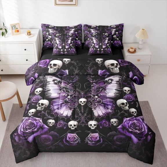 Homewish Halloween Horror Skull 7-Piece Twin Bedding,Purple Rose Butterfly Bedding Comforter Set,Black Reversible