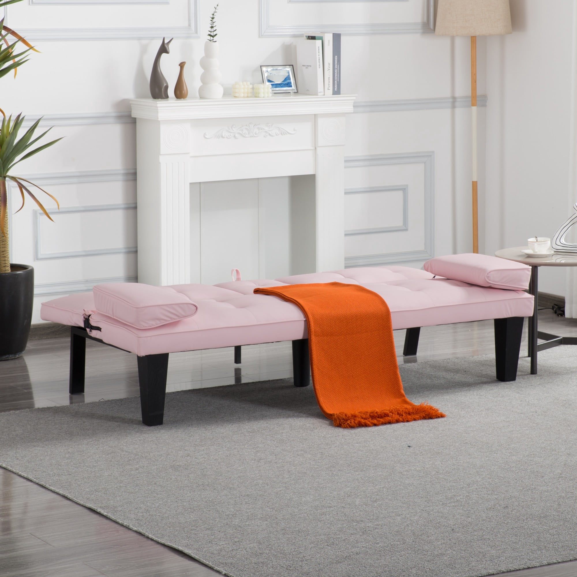 BSHTI 65" PU Futon Sofa Bed with Drop-Down Console, Cup Holders, 3-Position Backrest, Arm Cushions, Chrome Legs for Living Room（Pink）