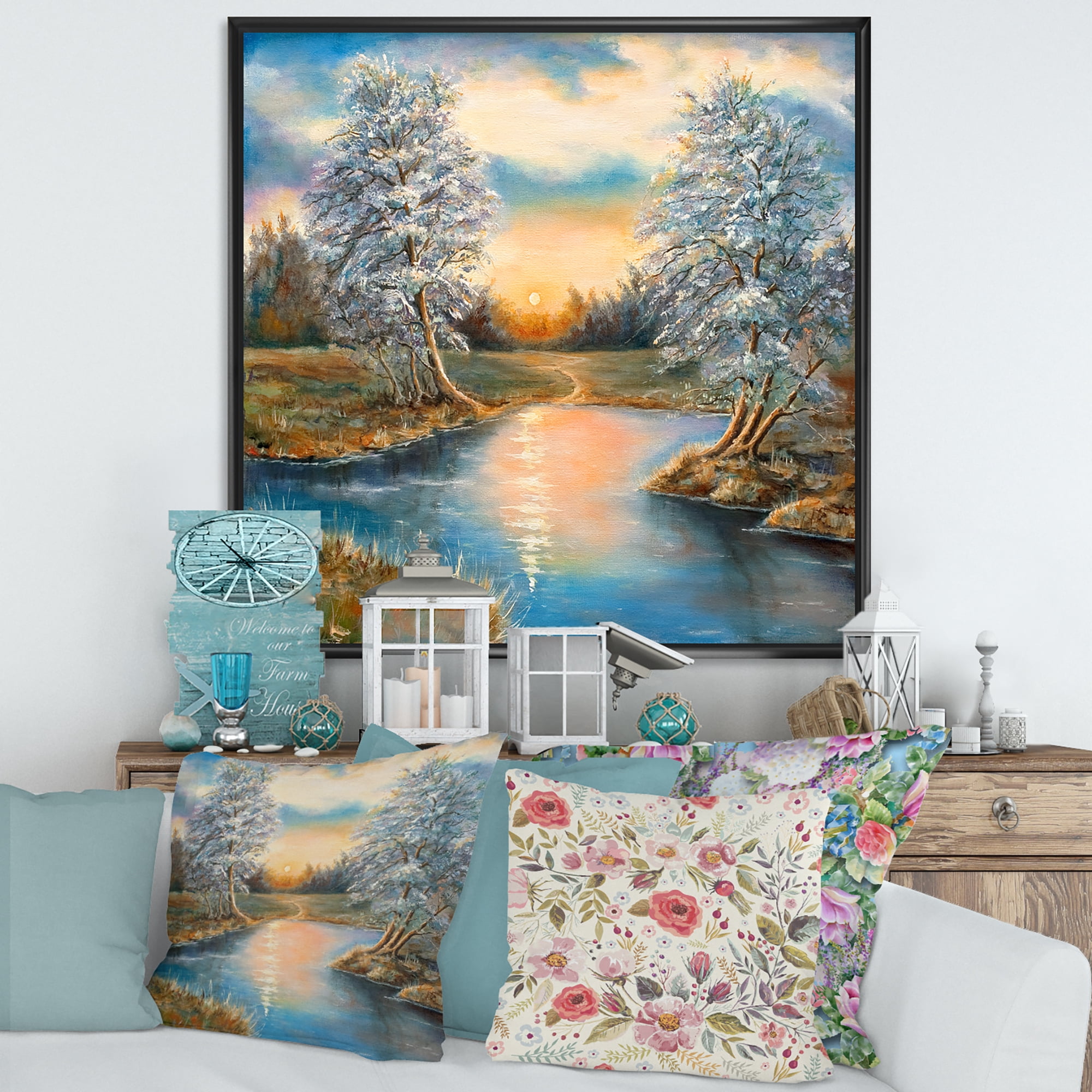 Designart 'Birches In The Autumn Woods Sunset' Lake House Framed Canvas Wall Art Print