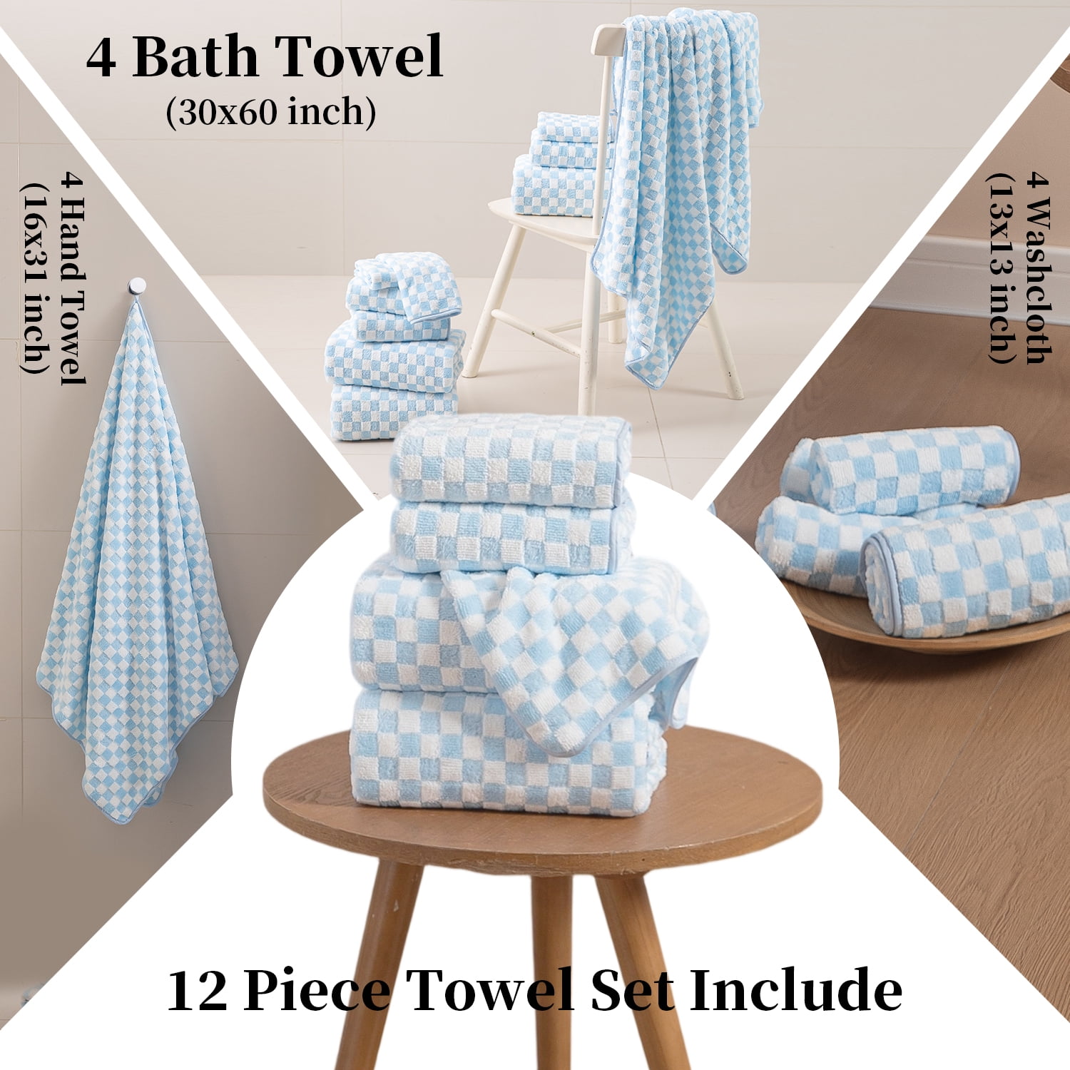 Beartech 12 Piece Microfiber Bath Towel Set:4 Bath Sheet Towels,4 Hand,4 Washcloths Ultra Soft & Absorbent,Quick Dry & Less Lint Shower Towels Set For Bathroom Hotel-Light Blue