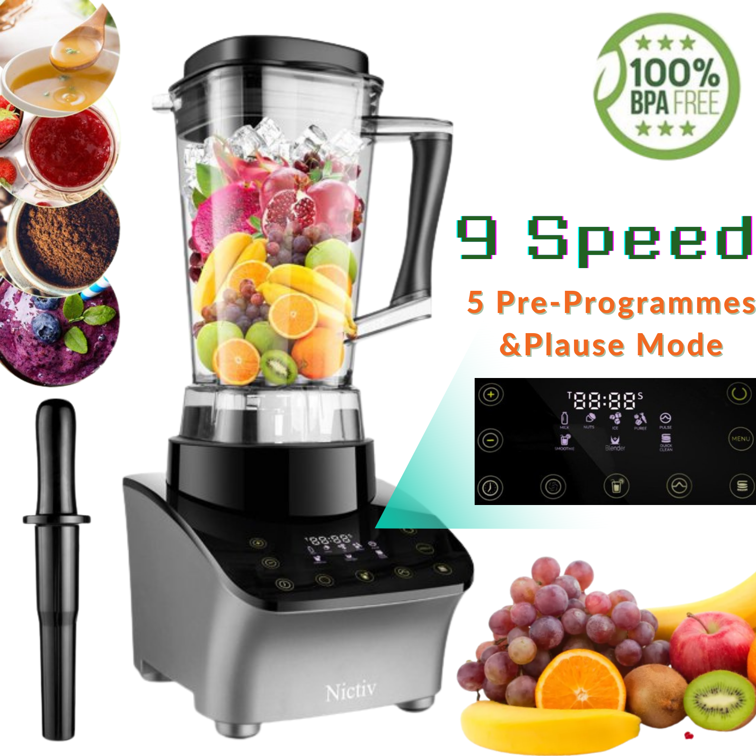 Vittig pistol Planlagt Nictiv 9 Speeds Blender for Shakes and Smoothies, Quiet Blender for  Kitchen, High-Speed Commercial Blender,Baby Food, Self-Cleaning 2L  Container, 5 Presets Programs for Frozen Fruit​,Crushing Ice - Walmart.com