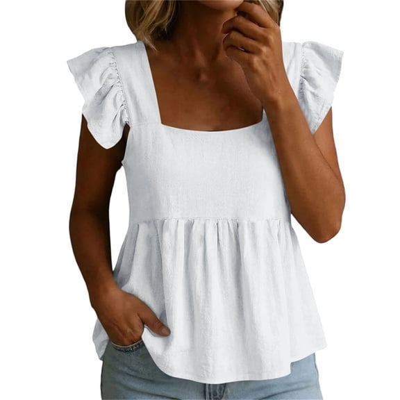 hotojiny Peplum Tops for Women Ruffle Sleeve Summer Flowy Blouse Square Neck Loose Fit T-Shirts for Beach Travel