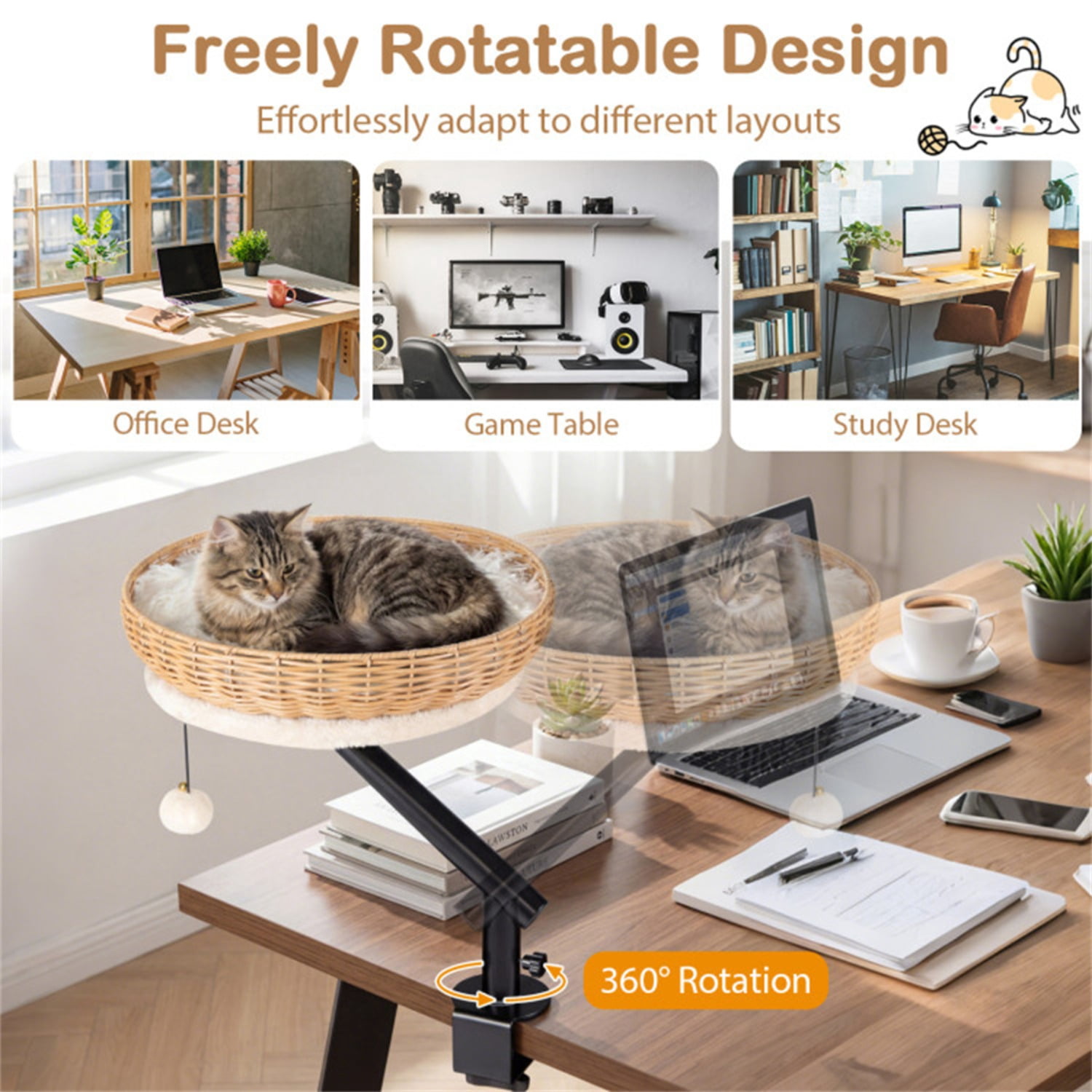360° Rotatable Desktop Cat Bed Perch, 2-in-1 Workspace Cat Retreat with Jingling Ball (Natural + Black + White)