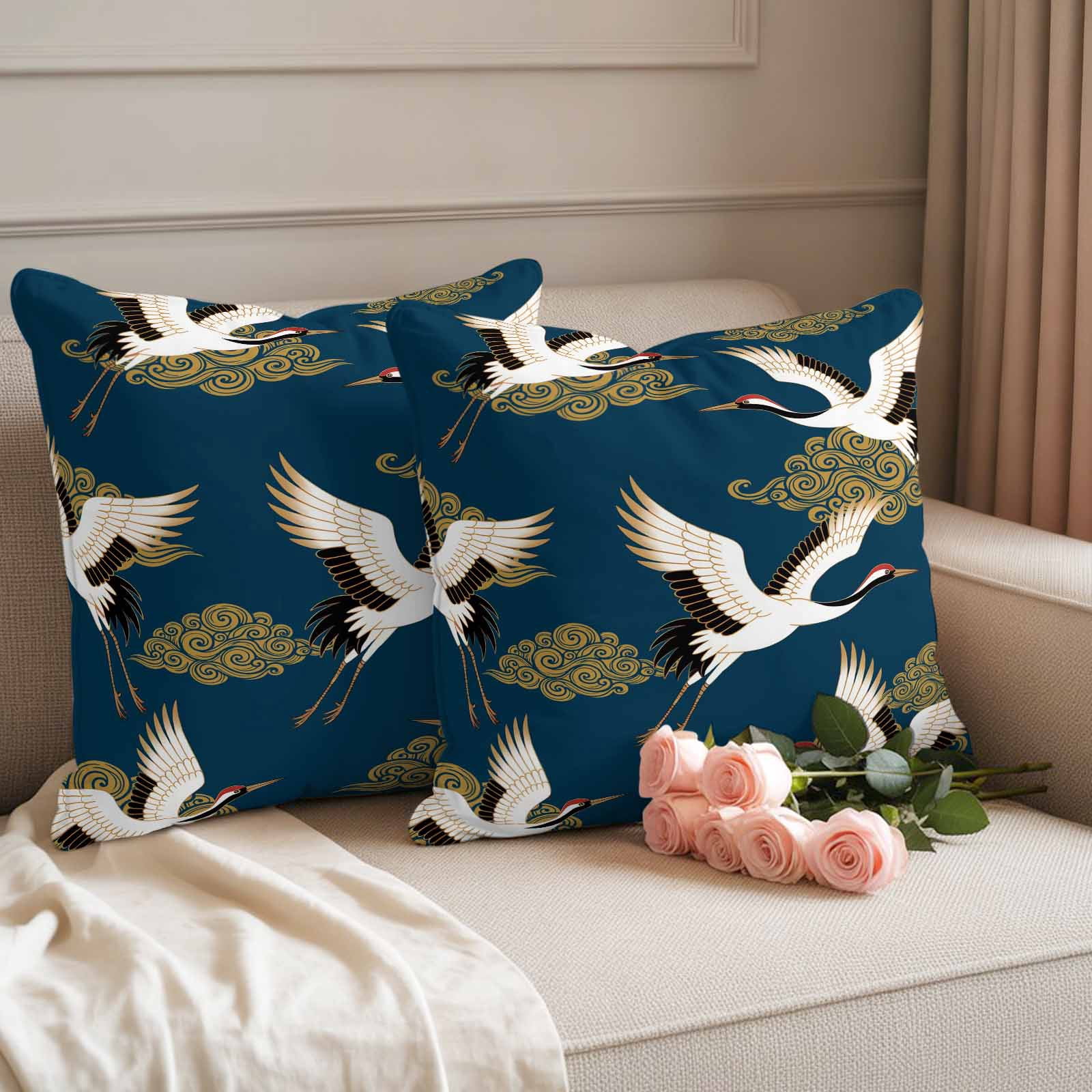 White Crane Outdoor Waterproof Throw Pillow Covers 18x18 Set of 2, Vintage Chinese Cloud Art Blue Gold Decorative Pillowcases Cushion Pillowcase for Couch Sofa Patio Outside Pillow Protector