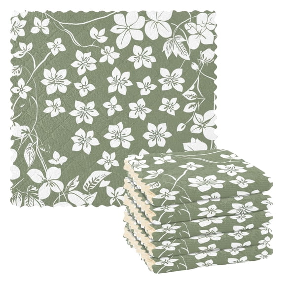 Olive Green with White Flowers Kitchen Cloth Dish Towels for Drying Washing Absorbent Dish Rags 6 Pack