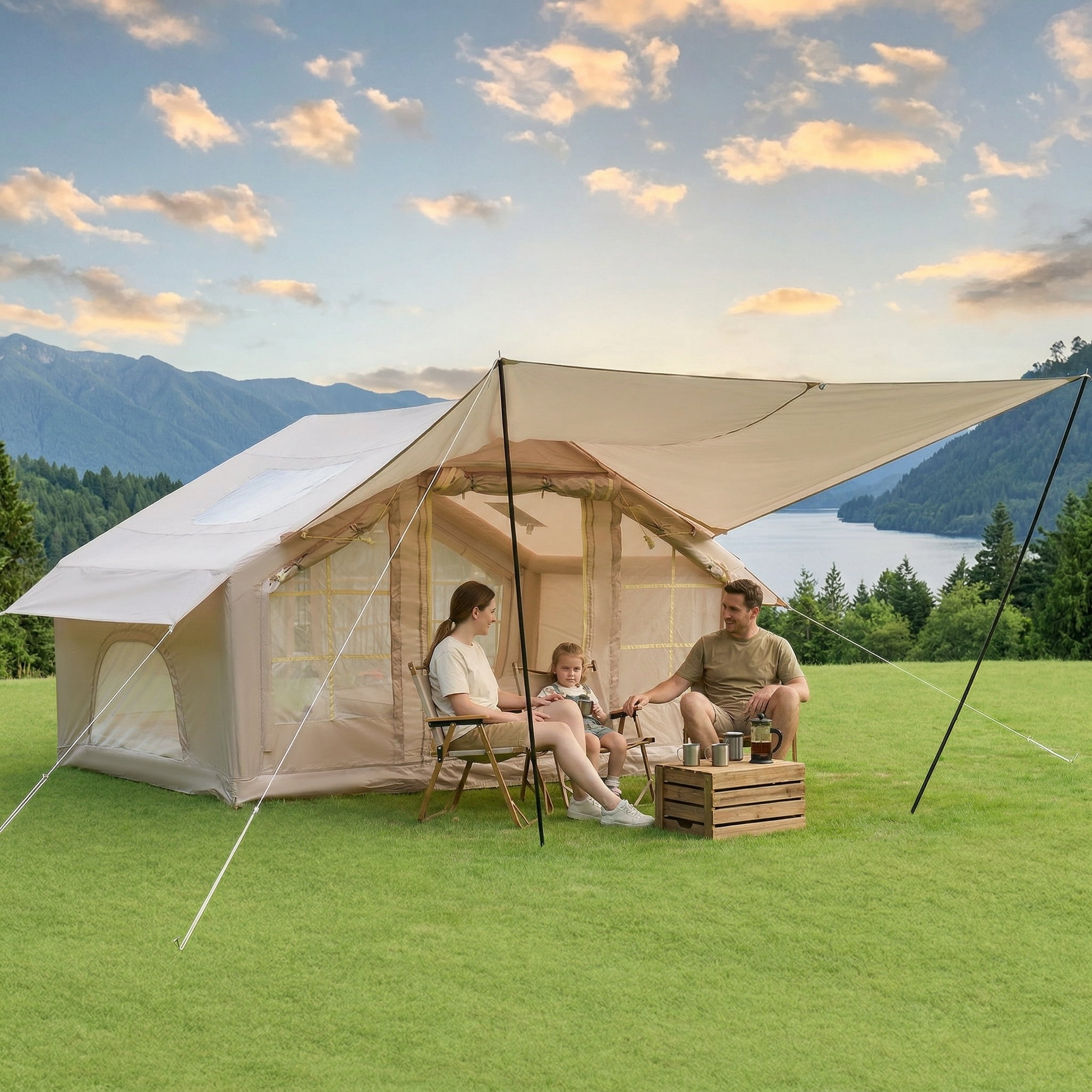 NOBOLEA Inflatable Tent with Extended Awning, 4-6 Person Quick 5-Min Setup Air Tent, 420D Waterproof Camping Shelter with Mesh Windows for Outdoor Family Travel