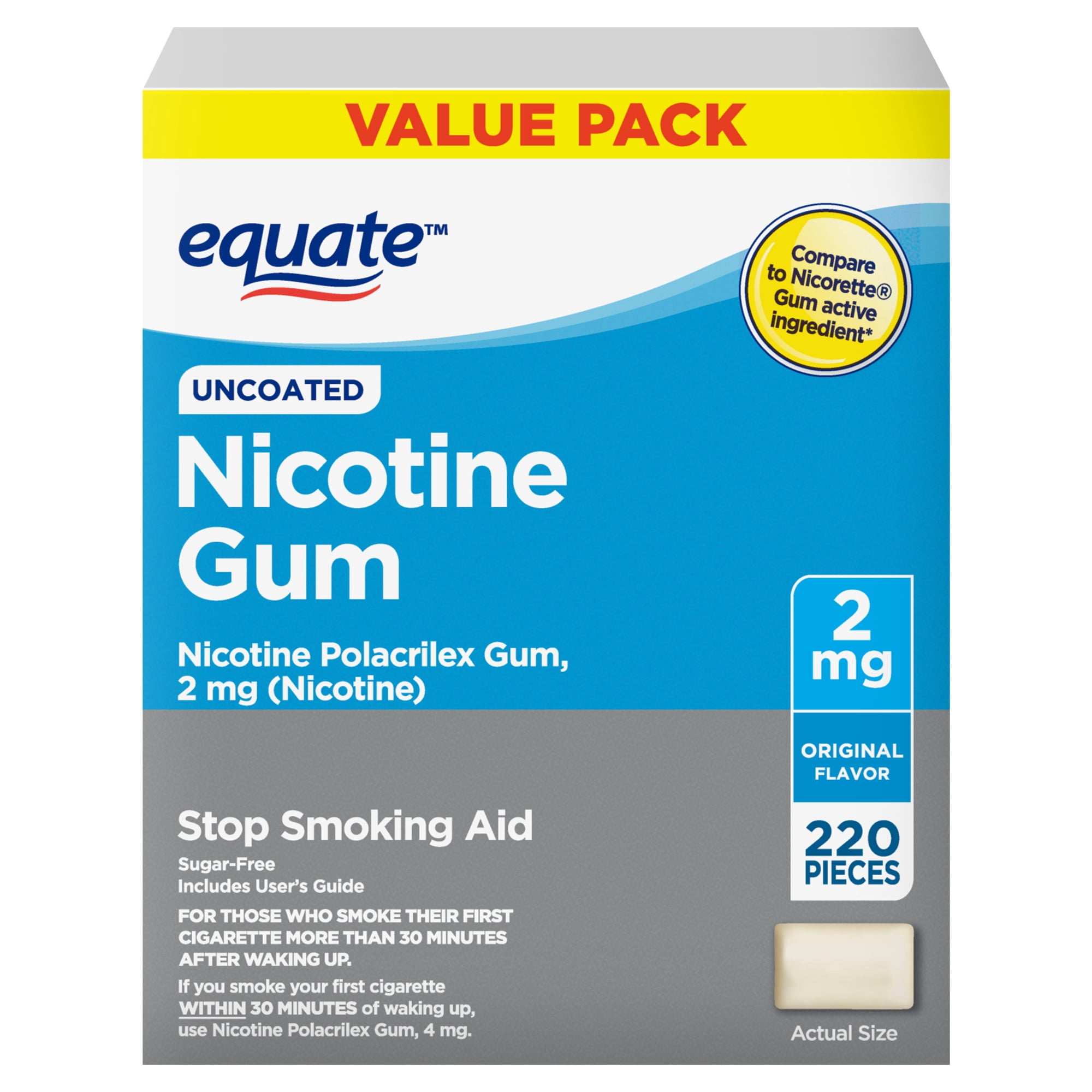 Equate Uncoated Nicotine Gum 2 mg, Original Flavor, 220 Count – Stop Smoking Aid