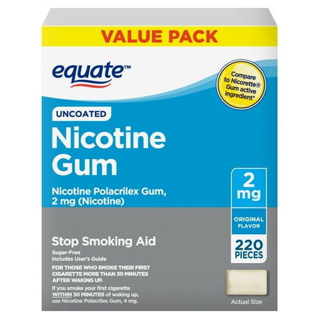 Equate Uncoated Nicotine Gum 2 mg, Original Flavor, 220 Count – Stop Smoking Aid