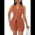 thumbnail image 2 of Conjuntos de Verano de 2 Piezas para Mujer, Sin Mangas, con Cuello en V, Abotonado, Chaleco y Pantalones Cortos con Bolsillos. Marrón L, 2 of 10