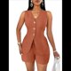 thumbnail image 2 of Conjuntos de Verano de 2 Piezas para Mujer, Sin Mangas, con Cuello en V, Abotonado, Chaleco y Pantalones Cortos con Bolsillos. Marrón M, 2 of 10