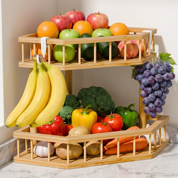 iFaveorr 2 Tier Bamboo Fruit Basket for Kitchen Counter - Detachable Bamboo Fruit Bowl with 2 Banana Hangers, Large Capacity Fruit Stand with Wooden Handle for Bread Fruit and Vegetable Storage