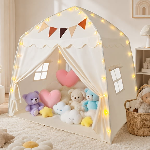 AMTPM Large Kids Play Tent, Indoor/Outdoor Children's Fort with Flags & Globe String Lights, Spacious Toddler Playhouse (61.8x38.6x58.2inch) for 3-12 Year Olds‌