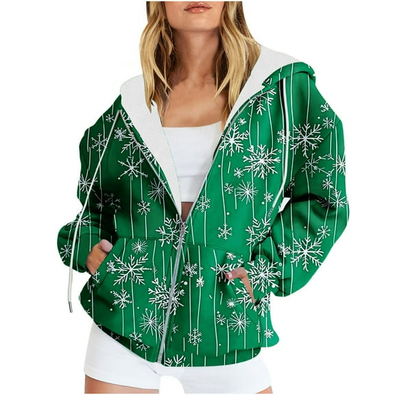 VERUGU Womens Jackets Casual Fall Winter Fashion Zipper Christmas Printed Coat Long Sleeve Drawstring Hooded Sweatshirt Army Green 3XL