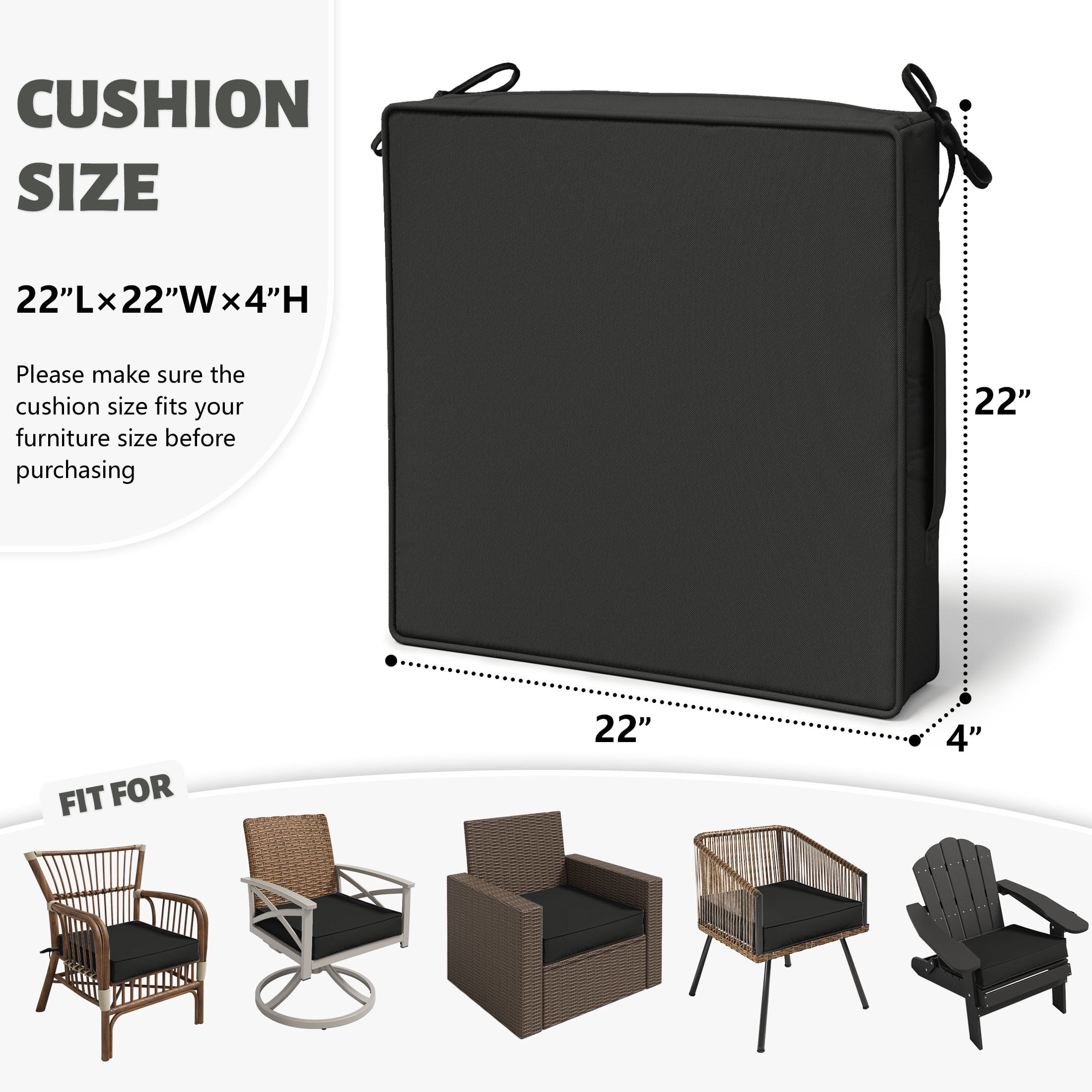 Kimunuk Outdoor Chair Cushions set of 2, 22" x 22" Zipped Waterproof Outdoor Seat Cushions Couch Pads with Ties for Patio Furniture, Black