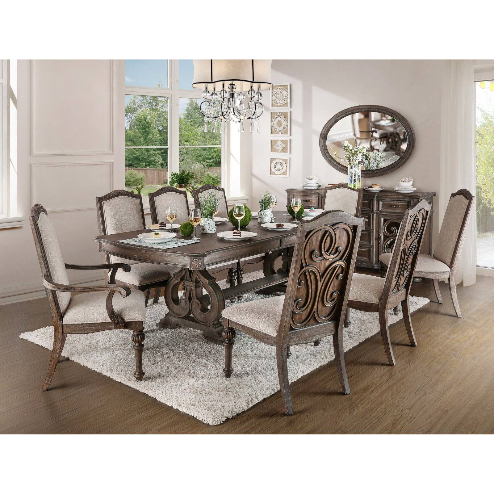Furniture of America Seran Transitional Ornate Double Pedestal Dining