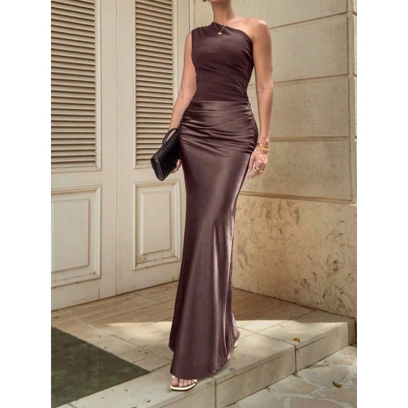 Coffee Brown Satin One Shoulder Ruched Slim Fit Maxi Dress For Wedding Guest Cocktail Party
