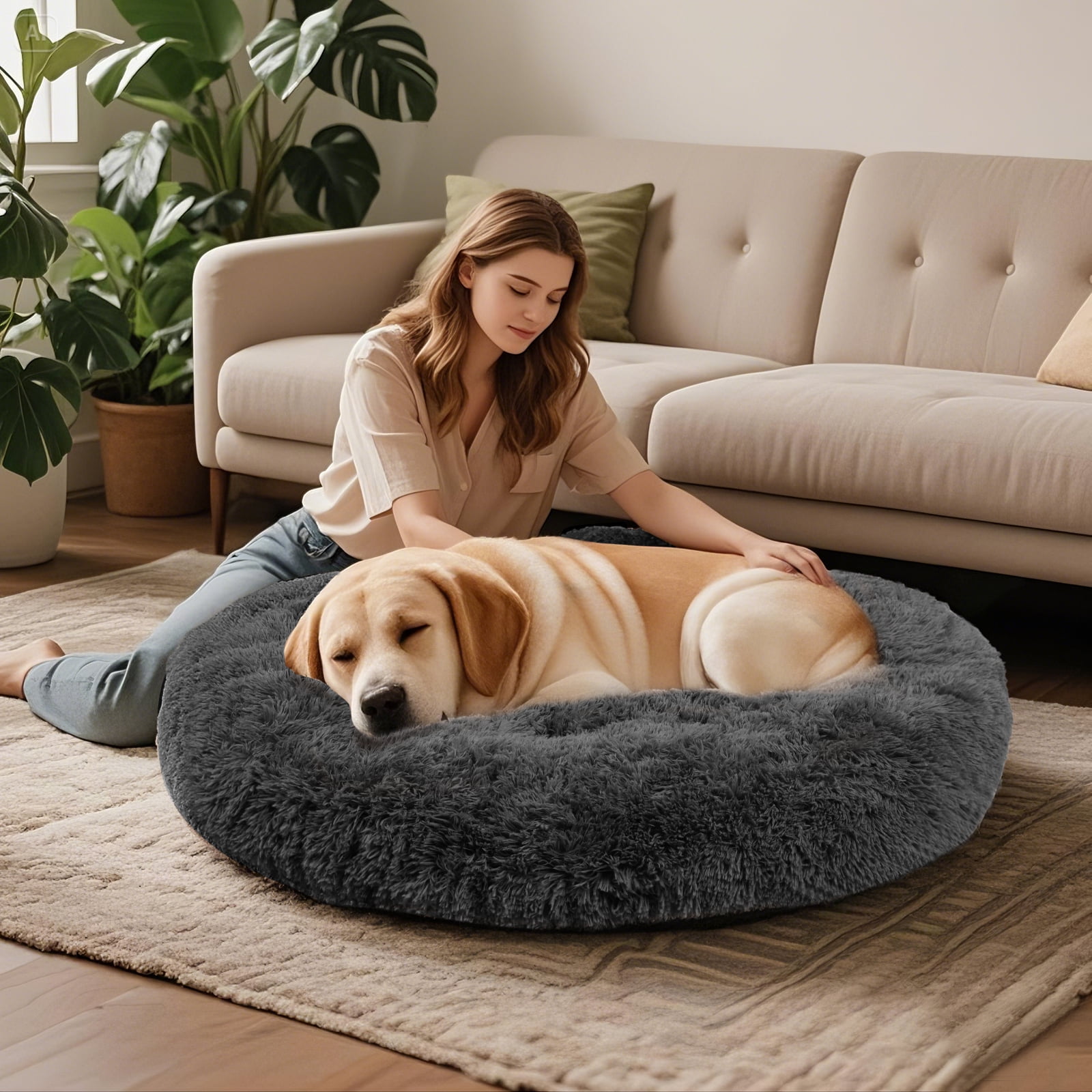 Katieovy Dog Bed for Large Dogs,Fluffy Calming Donut Dog Beds,28 inch Washable Plush Round Dog Mat with Non-Slip Bottom,Dark Gray