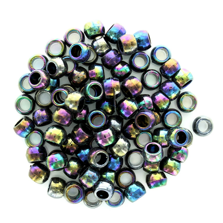 Essentials by Leisure Arts Pony Bead 6mm x 9mm Aurora Borealis Black Opaque  Plastic Pony Beads Bulk 750 pieces for Arts, Crafts, Bracelet, Necklace,  Jewelry Making, Earring, Hair Braiding 