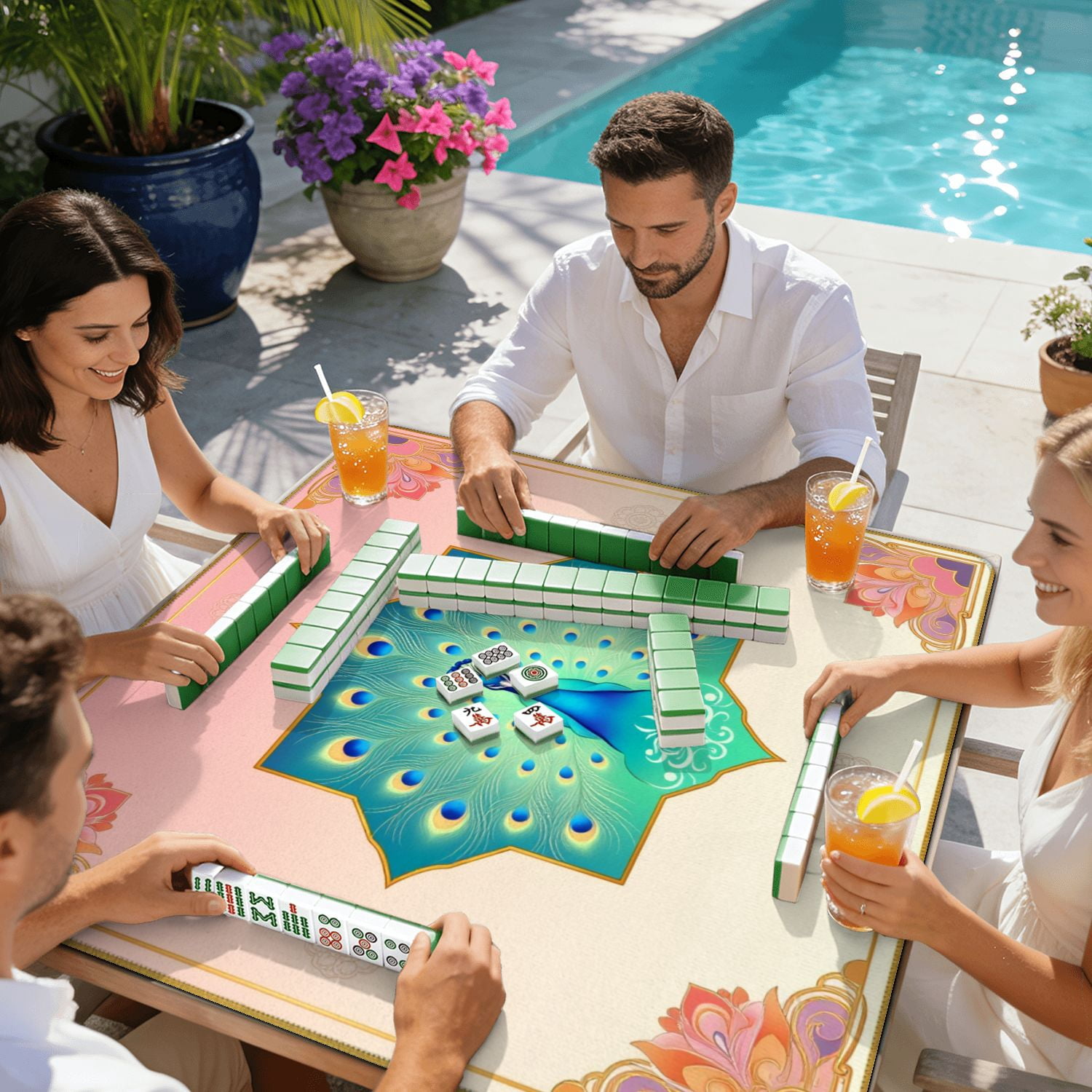 Mahjong Mat 31.5" x 31.5" Majestic Blue Peacock Vibrant Feathers Ornamental Geometric Frame Non-Slip Noise Reduction American Mahjong Tiles Table Cover for Dominoes Poker Card Board Games Gift