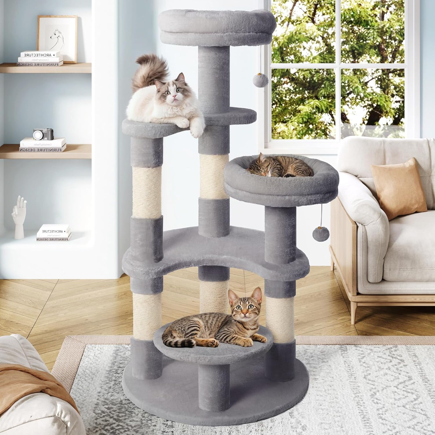 55.5 in Cat Tree for Indoor Kitties/Soft Plush Perches/Multi-Level Cat Tower/Sisal Scratching Posts/Crescent Plates/Round Jumping Board/Hanging Ball/Pet Activity Center/Grey