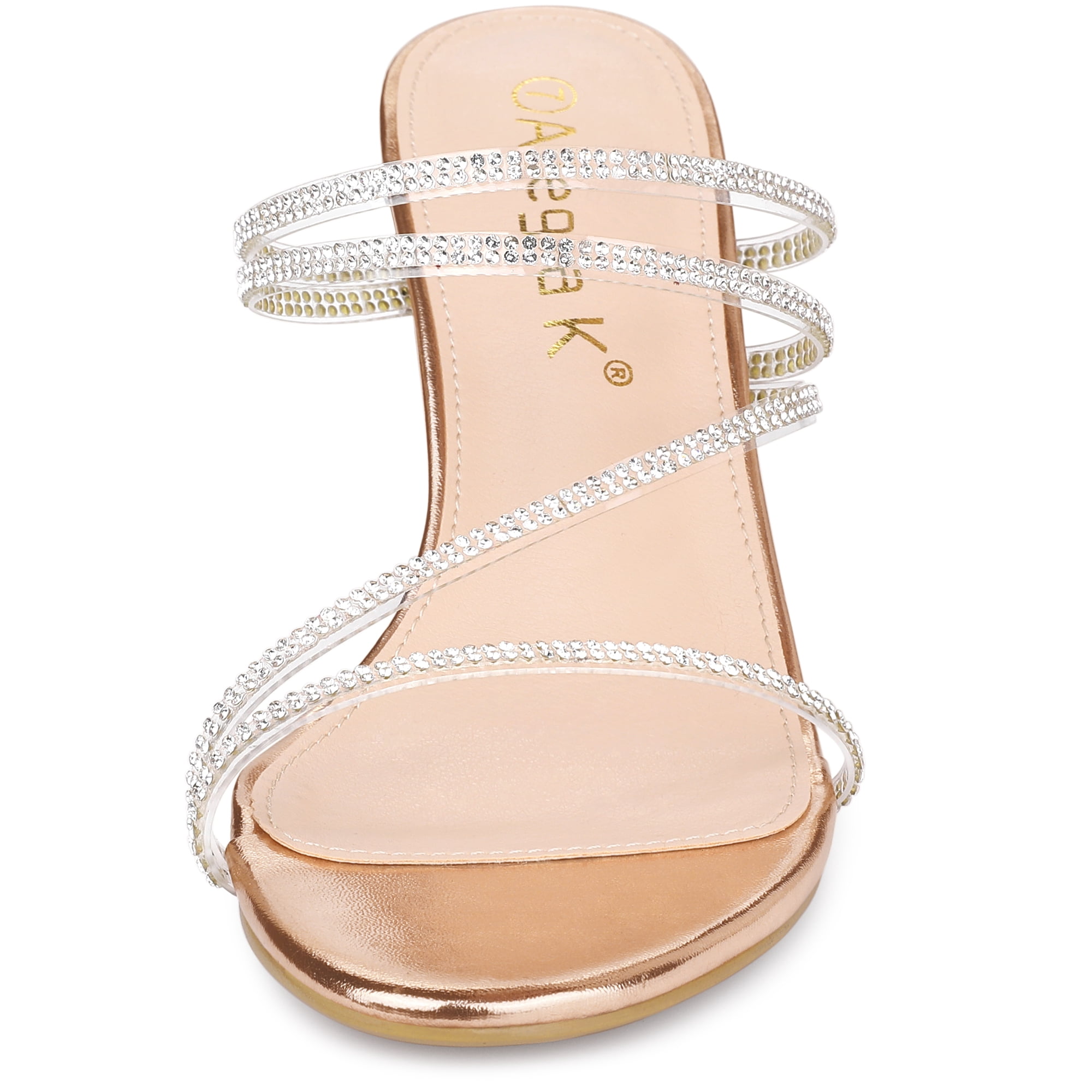 DARING DIVA Women's Rhinestone Block Heel Slide Sandals Rose Gold 7