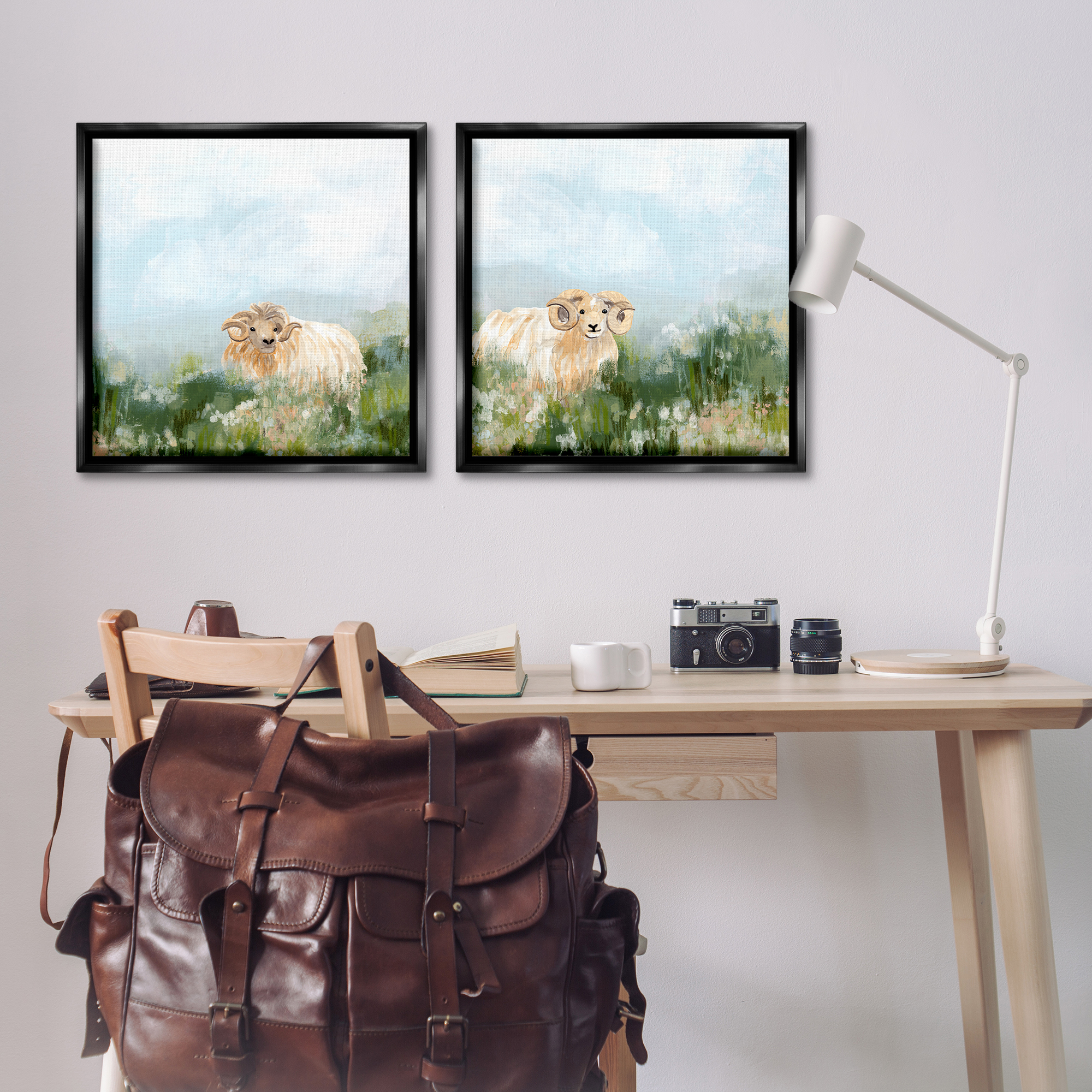 Stupell Industries Curly-Horned Sheep Field Animals Painting Black Floater Framed Canvas Art Print Wall Art, 25 x 25, Set of 2