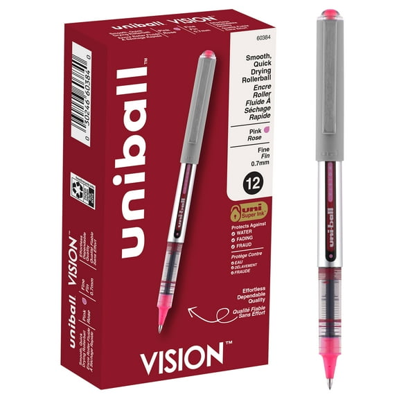 uniball Vision Rollerball Pens, Fine Point (0.7mm), Pink Ink, 12 Count