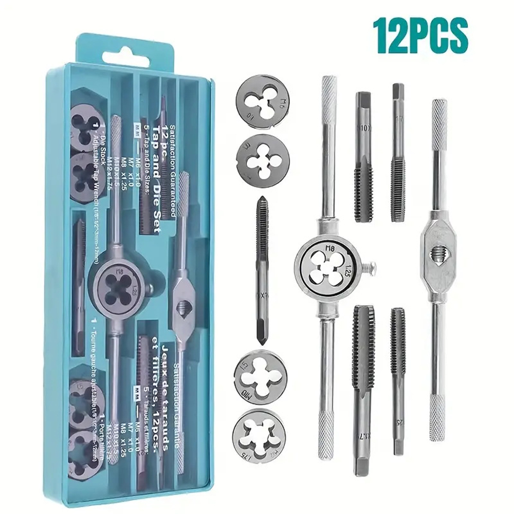 12 set Comprehensive Multi-functional Tap and Die Set with M3-M12 Metric Screw Thread Plugs, Straight and Taper Reamers, and Tapping Tools for Efficient Thread Cutting and Repair