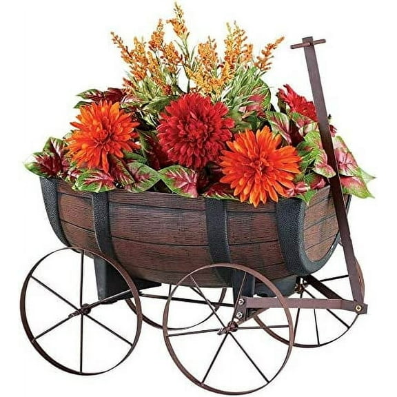 SkyMall Rustic Wagon Planter with Whiskey Barrel Design and Drainage