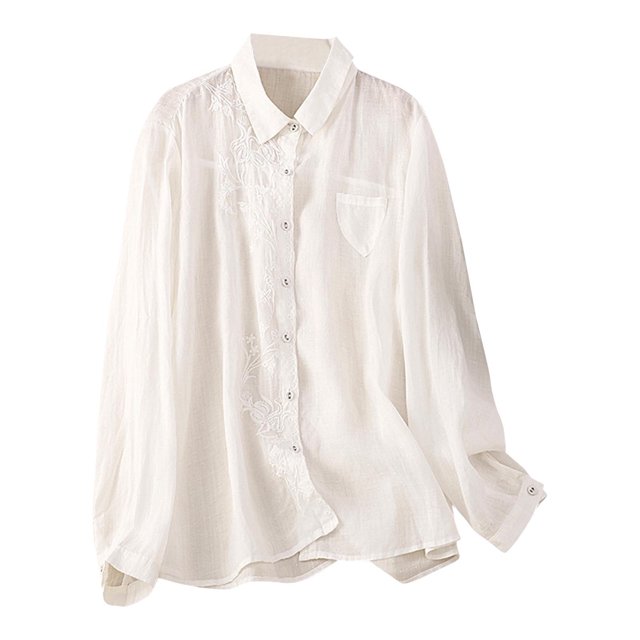 Timegard Womens Shirts Button down Lapel Neck Embroidery Tops Lightweight Work Casual Loose Blouse