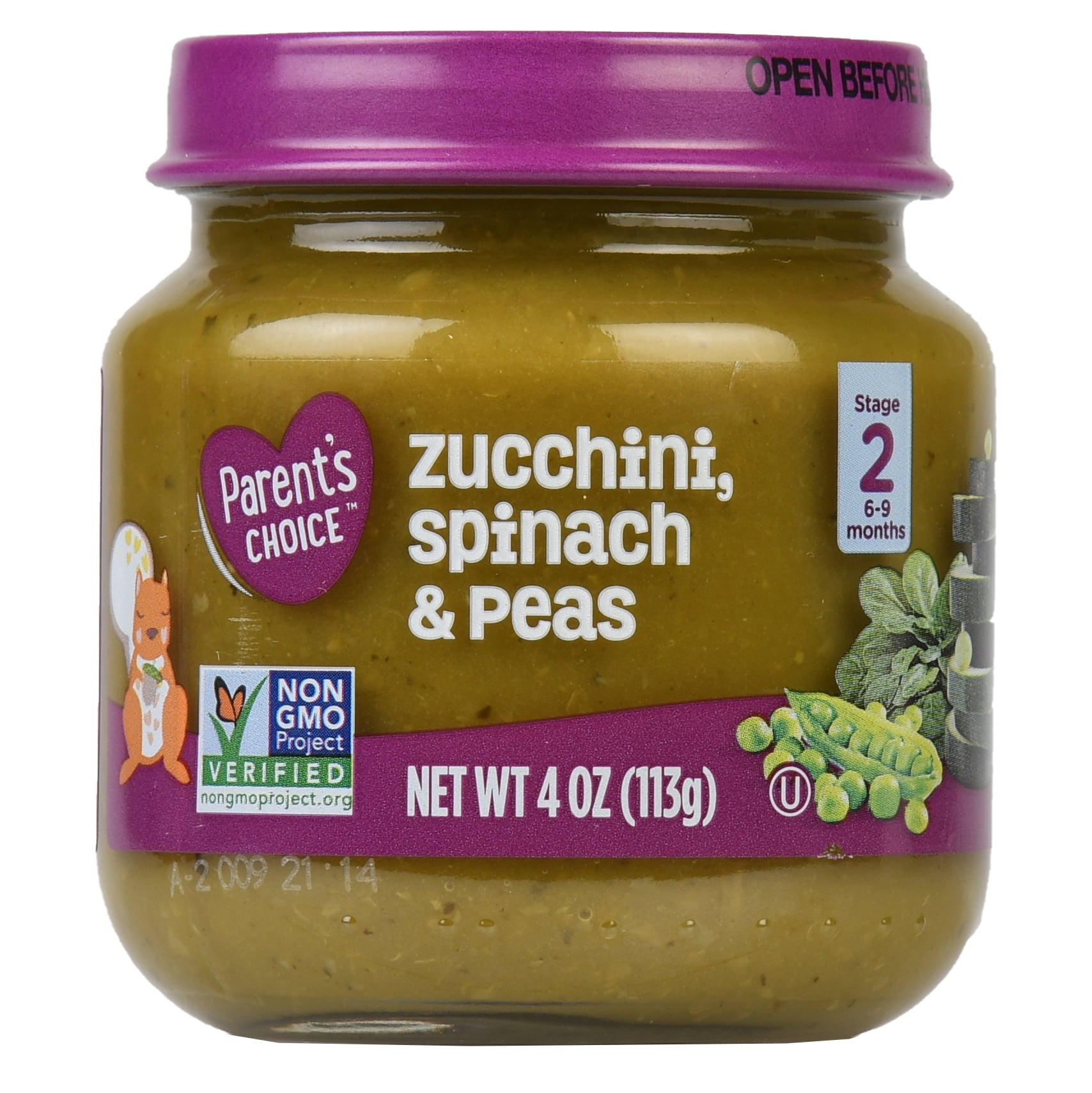 Parent's Choice Baby Food, Zucchini, Spinach & Peas, Stage 2, 4 oz
