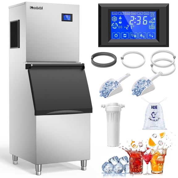 Coolski Commercial Ice Machine 450Lbs/Day, 22'' Wide Ice Maker with 300lbs Large Storage Bin, Industrial Ice Machine for Restaurants/Bars/Hotels, Ice Ready in 5-15 min, Stainless Steel